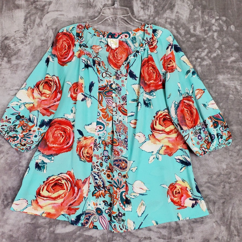 Fig & Flower Top Womens 1X Blue Floral Art To Wear Button 3/4 Bishop Sleeve Boho